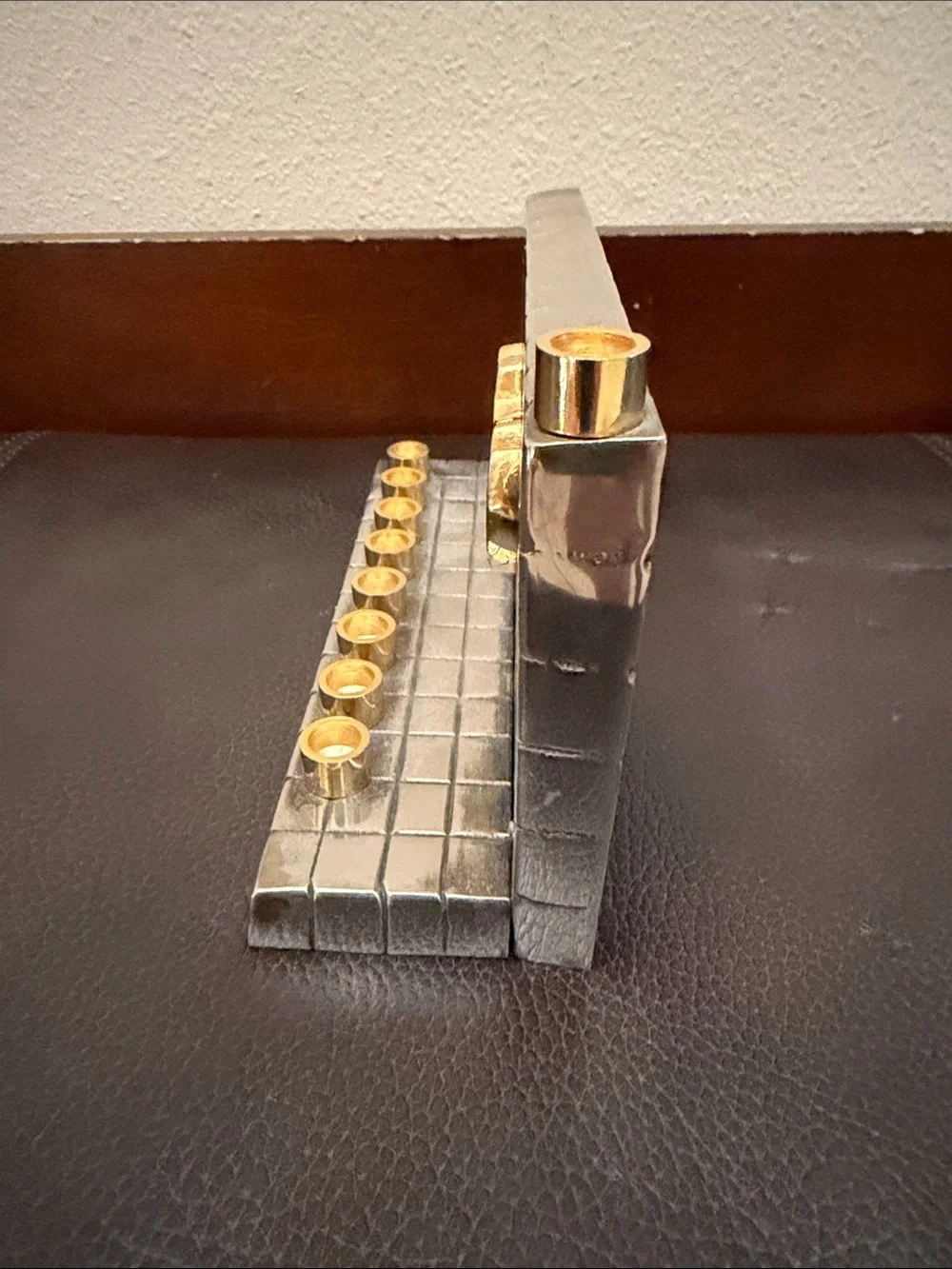 Vintage Wailing Wall Brass Hanukkah Menorah Features Block-Style Detailing